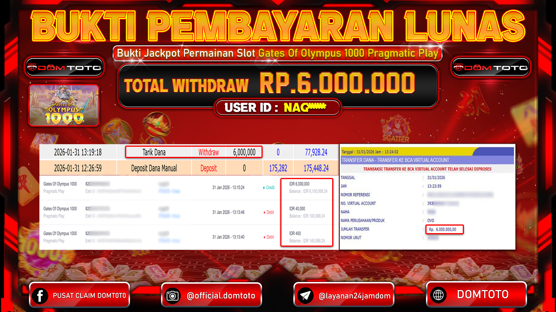 JACKPOT SLOT Gates Of Olympus 1000 PRAGMATIC PLAY 31 JANUARI 2026